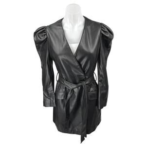 Zara Black Faux Vegan Leather Long Puff Sleeve Belted Mini Wrap Dress Size S